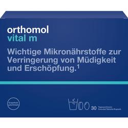 Blaue Box von Orthomol vital m mit Mikronährstoffen gegen Müdigkeit.