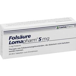 Eine Medikamentenpackung mit der Aufschrift "Folsäure Lomapharm 5 mg".