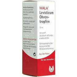 Weiße Schachtel mit roten Details von WALA Levisticum Ohrentropfen.