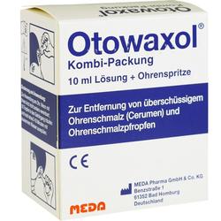 Box mit Lösung und Spritze zur Entfernung von Ohrenschmalz.