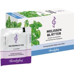 Eine Packung mit Melissenblätter-Tee zur Beruhigung von Magen-Darm-Beschwerden.
