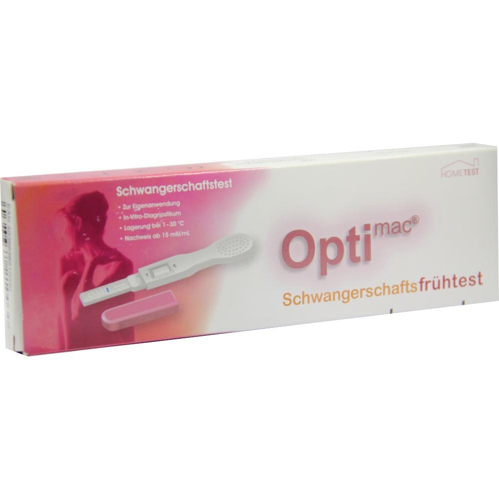 Eine rosa Verpackung eines Schwangerschaftstests mit der Aufschrift "Optimac".