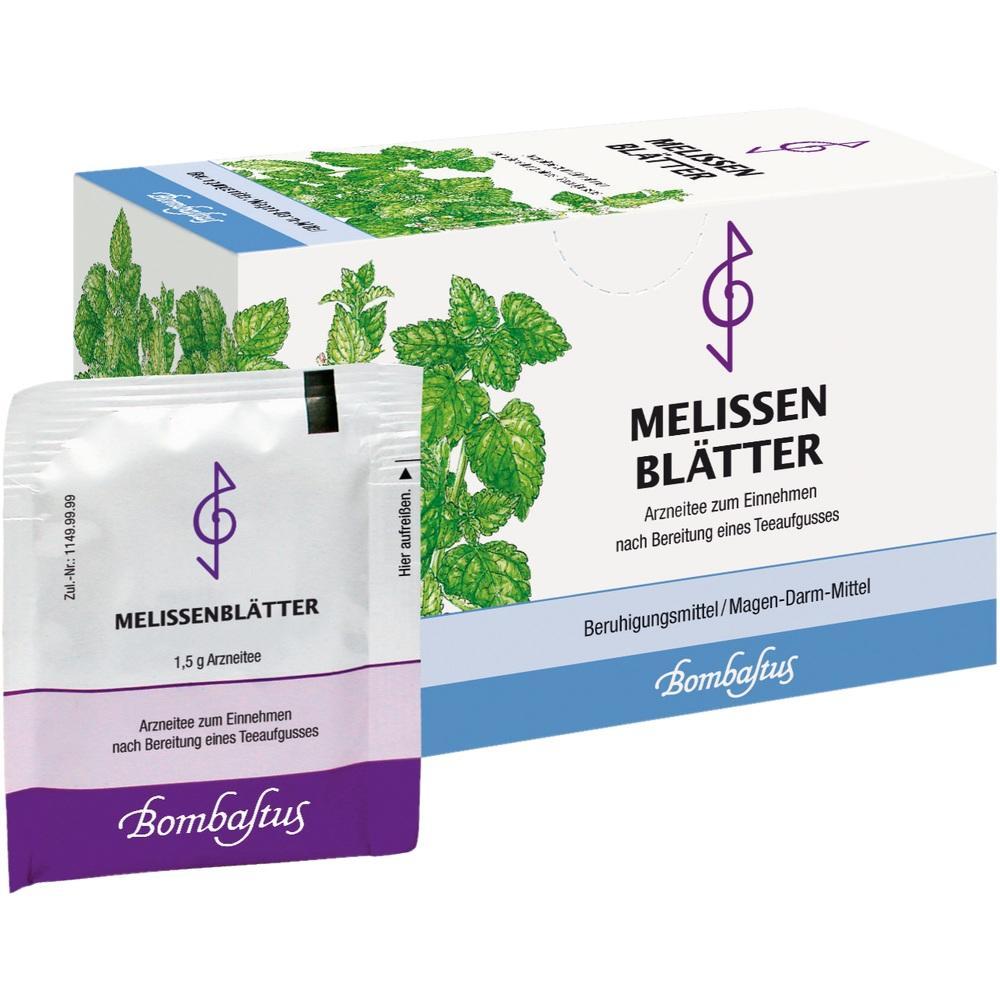 Eine Packung mit Melissenblätter-Tee zur Beruhigung von Magen-Darm-Beschwerden.