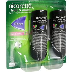 Zwei Flaschen Nicorette Spray in einer grünen Verpackung.