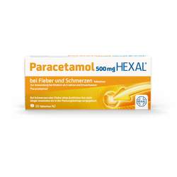 Packung Paracetamol HEXAL 500 mg Tabletten gegen Fieber und Schmerzen.